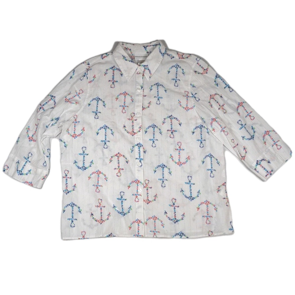 Alfred Dunner Blouse Womens L White 3/4 Sleeve Anchors Floral Metallic Coastal‎